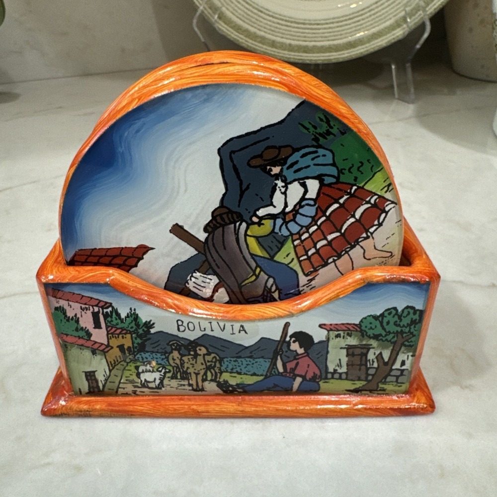 Set Of Six wooden Coasters with holder Bolivia Vintage